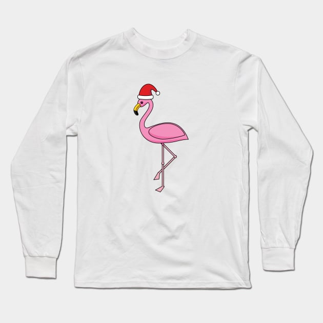 Christmas Flamingo with Santa Hat Long Sleeve T-Shirt by BirdAtWork